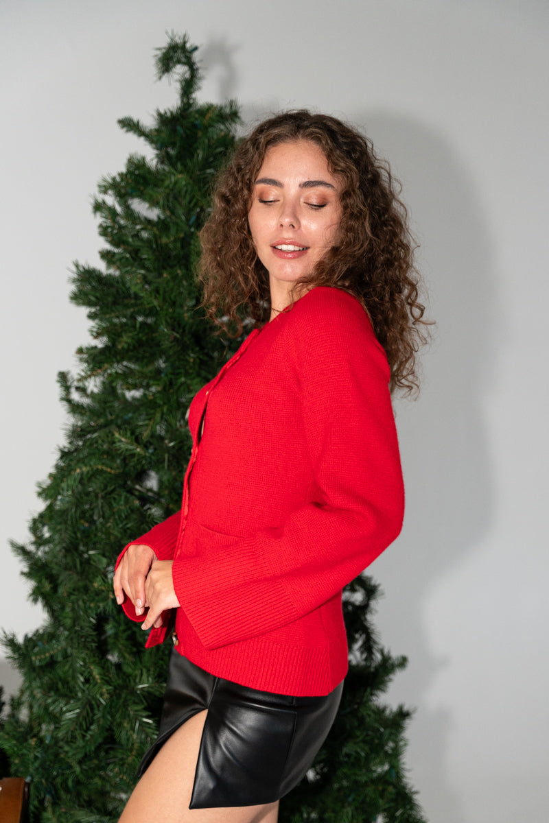 Long Sleeve Button Down Knit Top Red