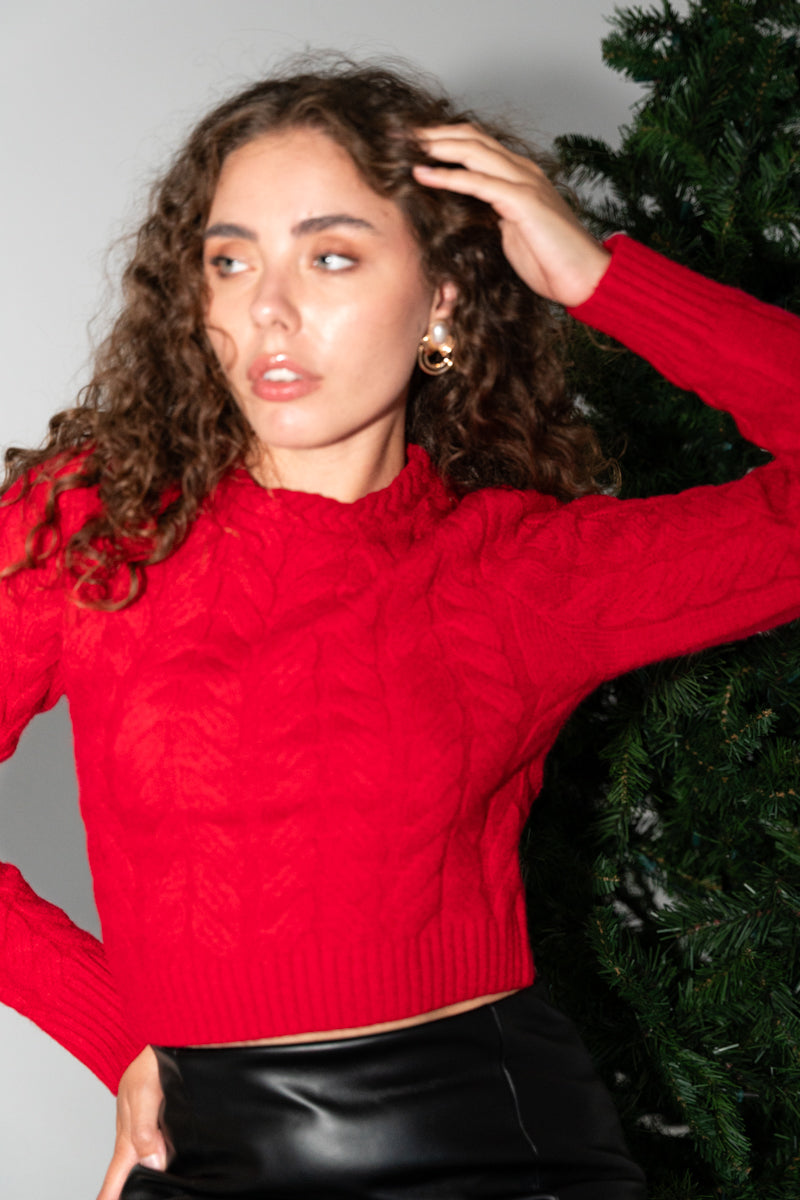 Long Sleeve Cable Knit Sweater Red