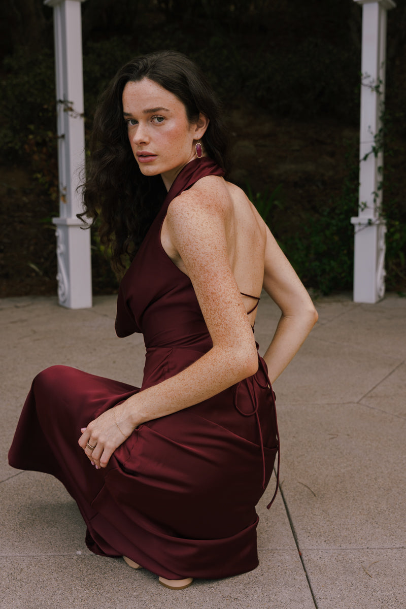 Sleeveless Halter Open Back Satin Maxi Dress Burgundy