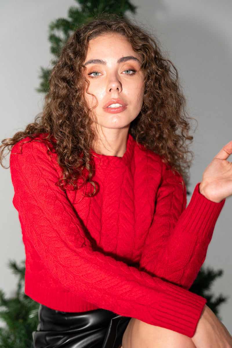 Long Sleeve Cable Knit Sweater Red