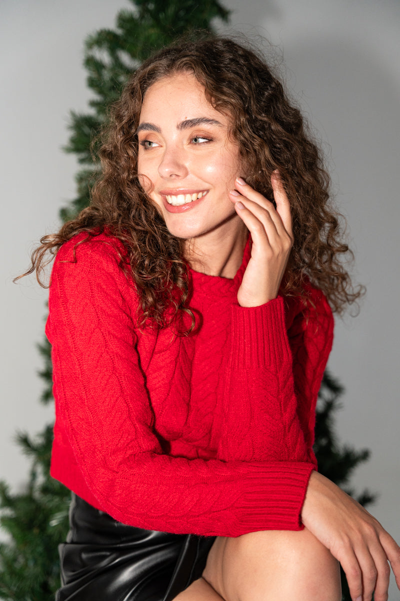 Long Sleeve Cable Knit Sweater Red