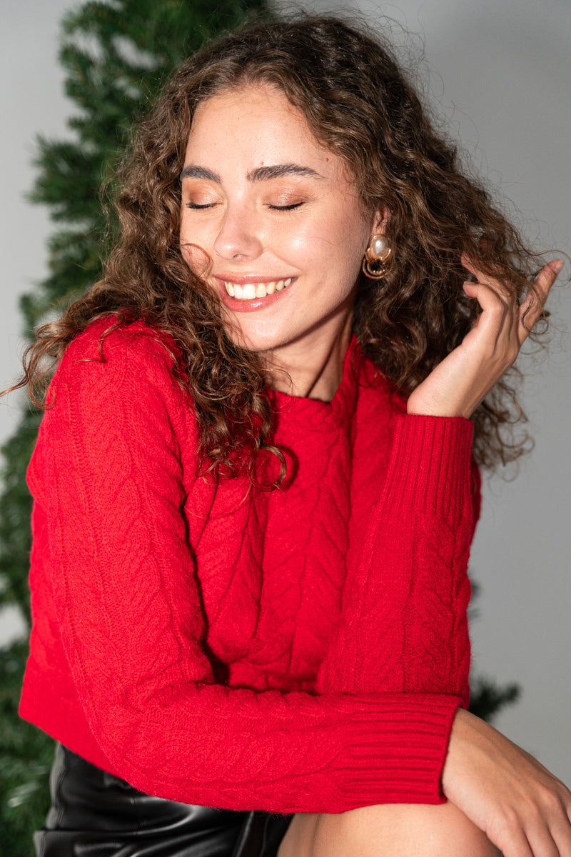 Long Sleeve Cable Knit Sweater Red