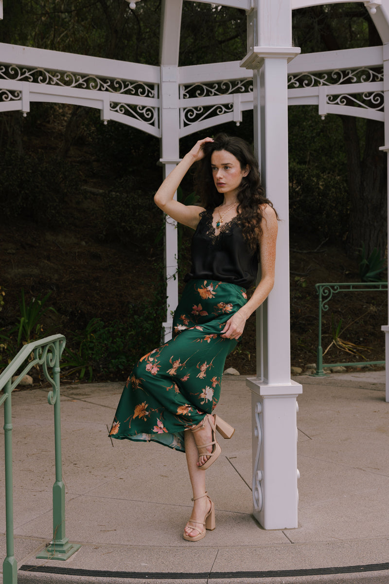 High Waist Dreamy Floral Print Satin Maxi Skirt Green