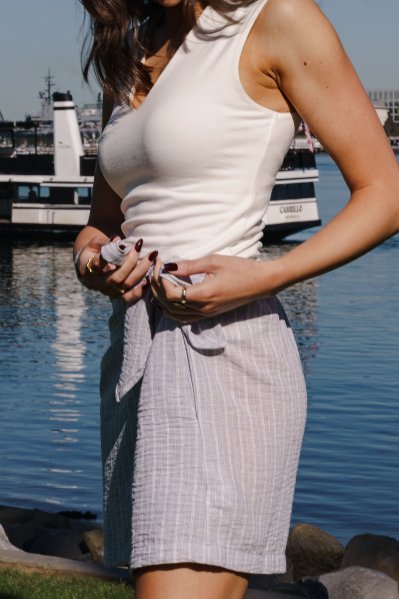 Side Tie Wrap Stripe Print Mini Skirt Blue