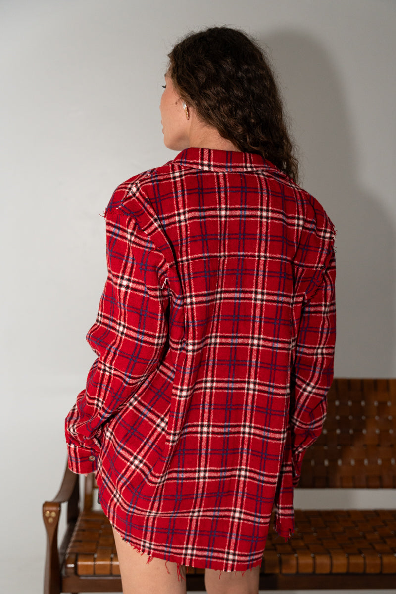 Long Sleeve Oversized Button Down Plaid Print Top Red