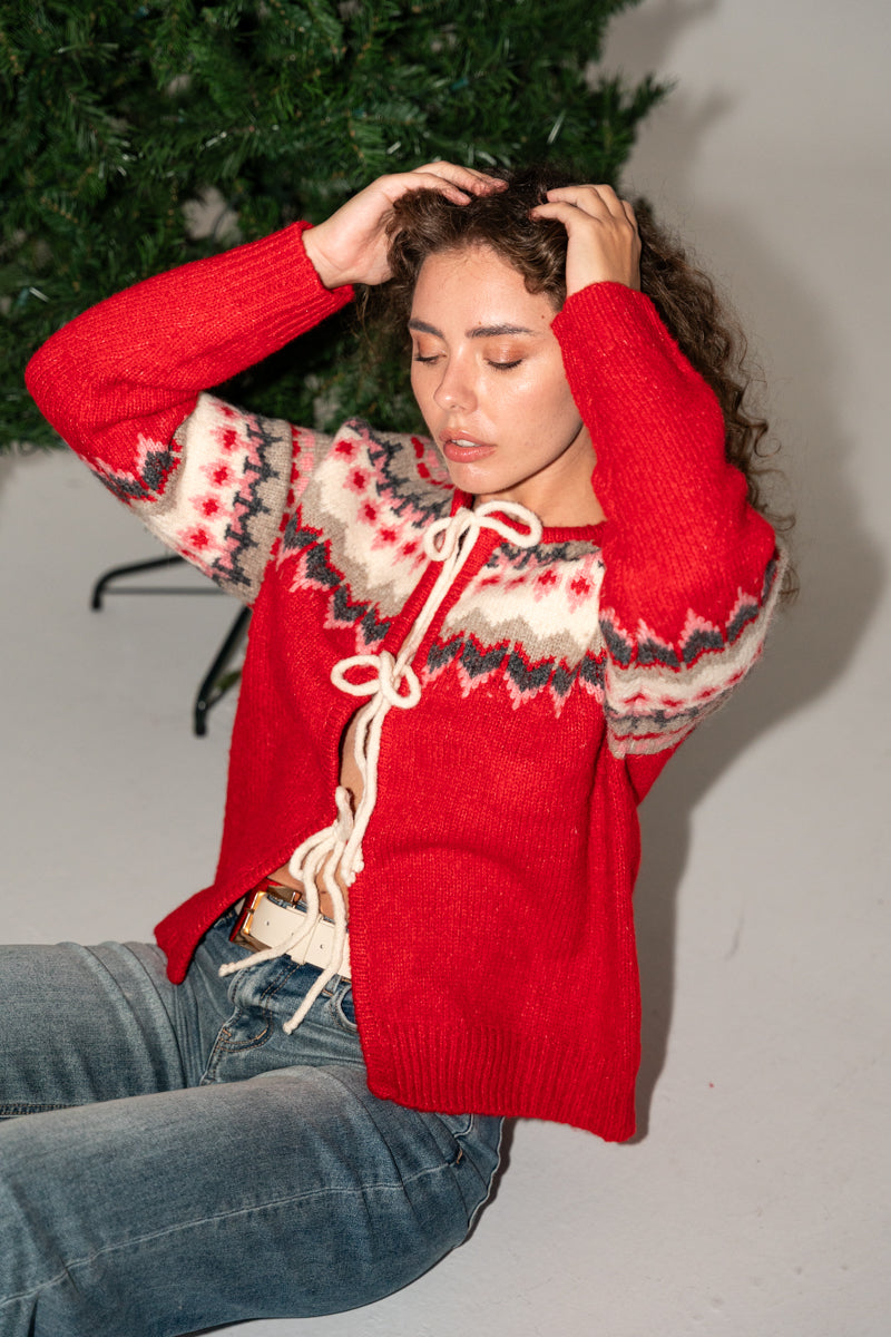 Long Sleeve Tie Front Knit Cardigan Red