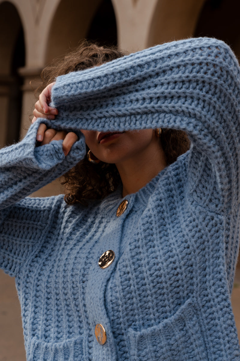  Long Sleeve Chunky Button Down Cardigan Blue