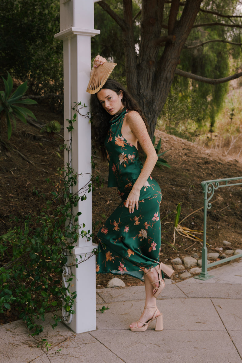 Sleeveless Halter Whimsical Floral Print Top Green