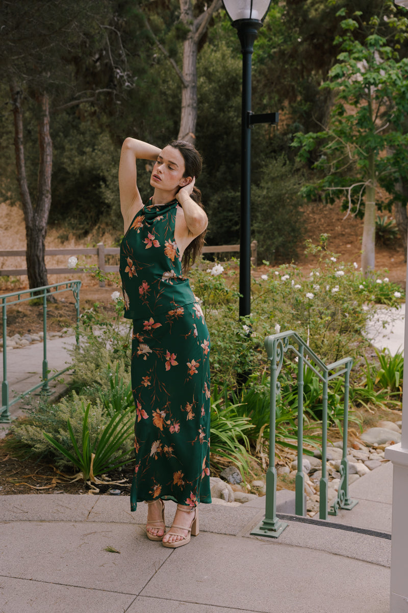 High Waist Dreamy Floral Print Satin Maxi Skirt Green