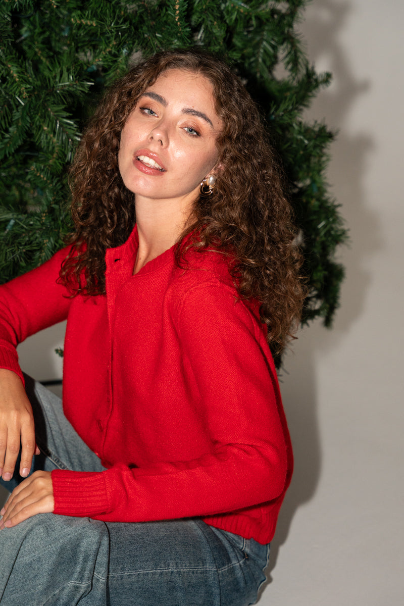 Long Sleeve Button Down Cardigan Red