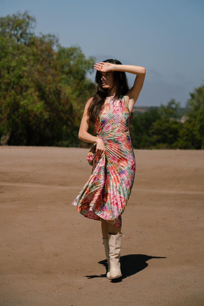 pleated floral maxi dress Tasha Sleeveless One Shoulder Print Pink LARGE Size:Uk 12 Full of Sass Romper cat_valentine25 Bust 32 // Length