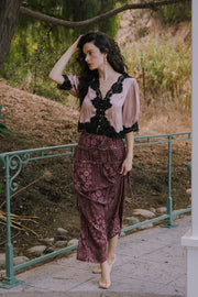 3/4 Sleeve Button Down Satin And Lace Trim Top Champagne