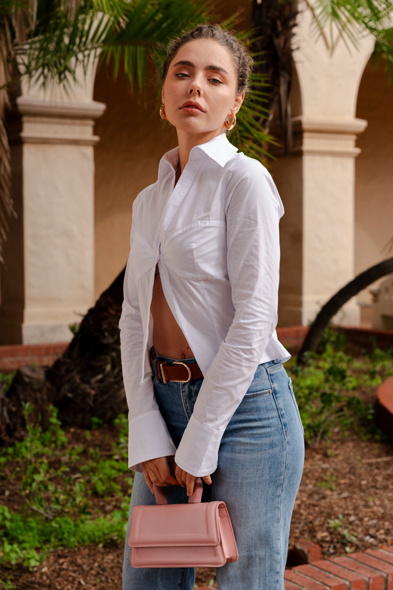 Long Sleeve Twist Knot Crop Top White