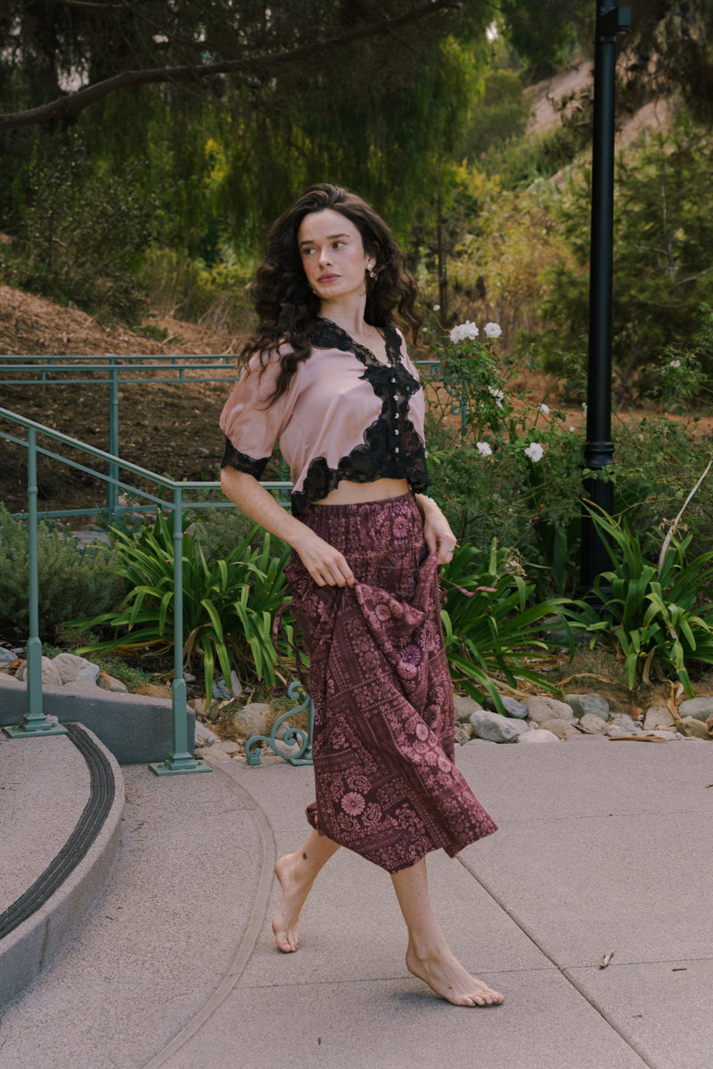 3/4 Sleeve Button Down Satin And Lace Trim Top Champagne