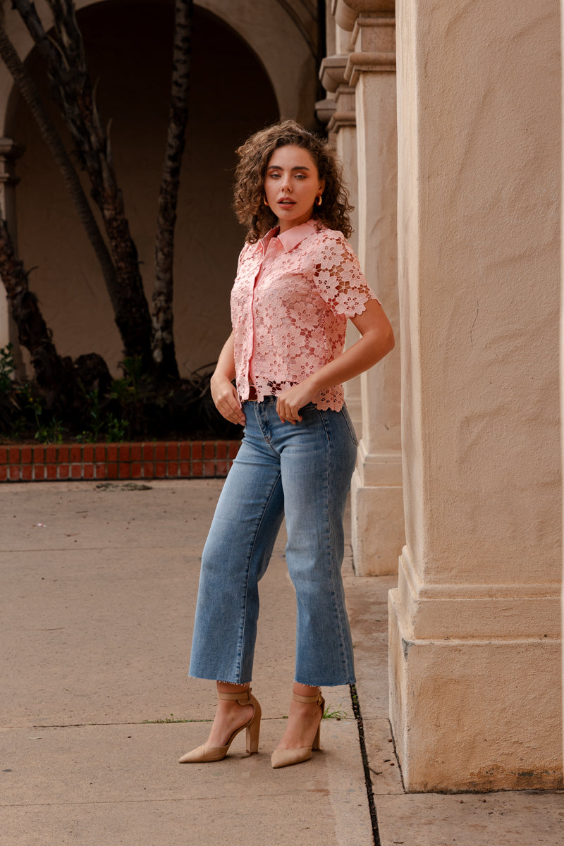 Short Sleeve Button Down Floral Lace Top Pink