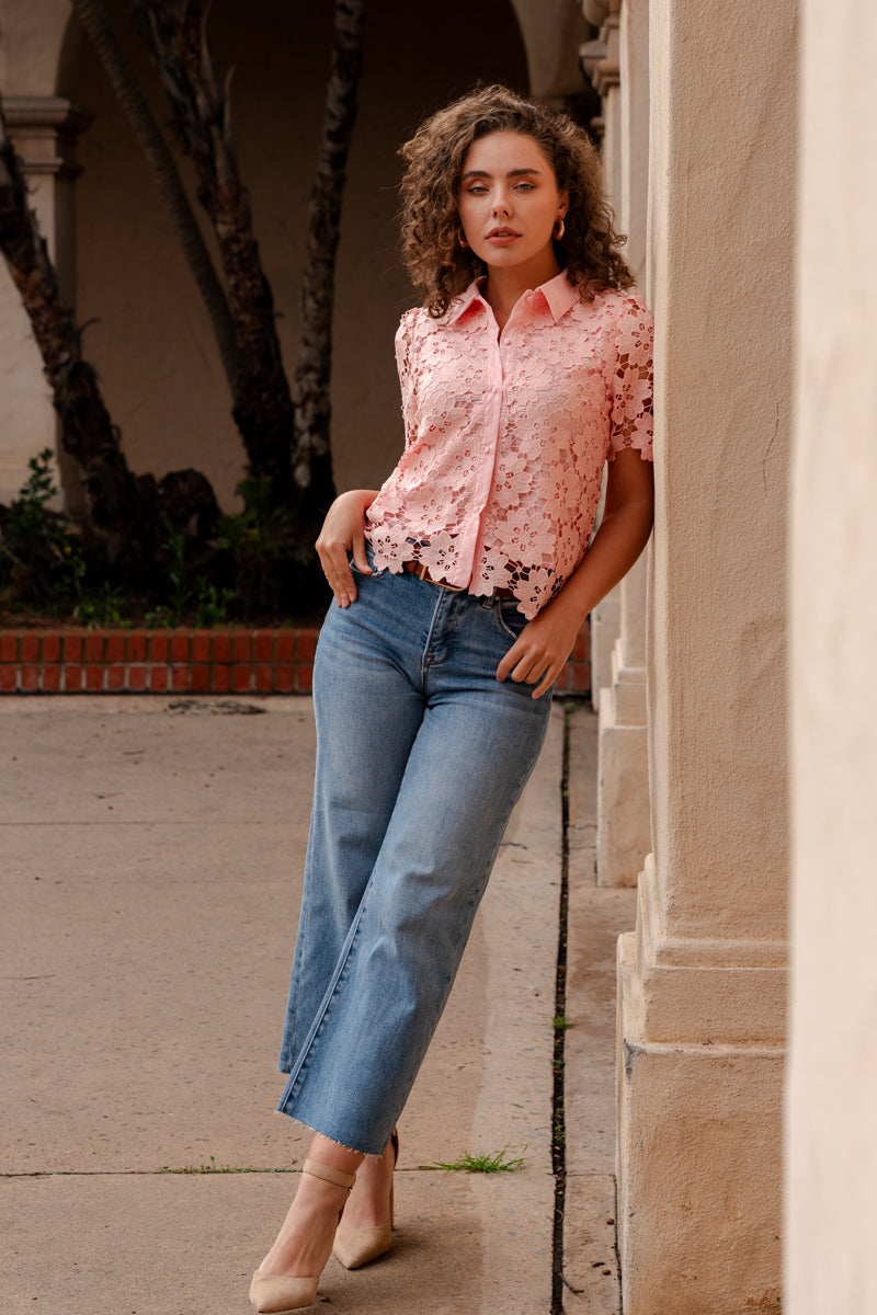 Short Sleeve Button Down Floral Lace Top Pink