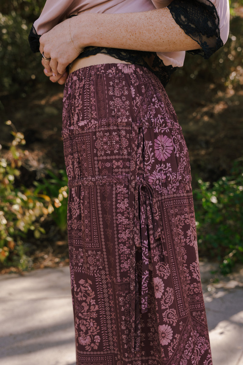 High Waist Abstract Print Maxi Skirt Burgundy