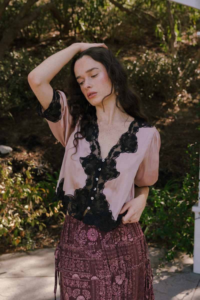 3/4 Sleeve Button Down Satin And Lace Trim Top Champagne