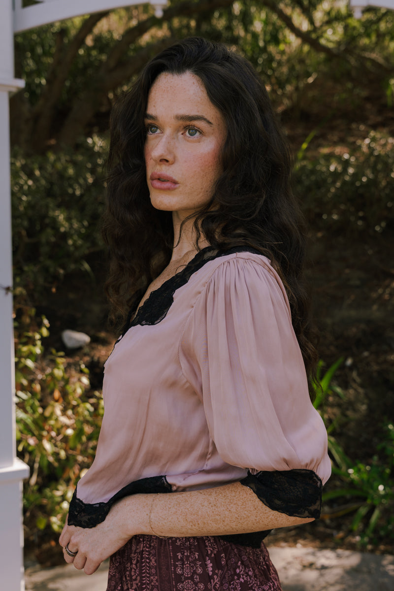 3/4 Sleeve Button Down Satin And Lace Trim Top Champagne