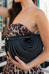 Top Handle Faux Leather Woven Handbag Black