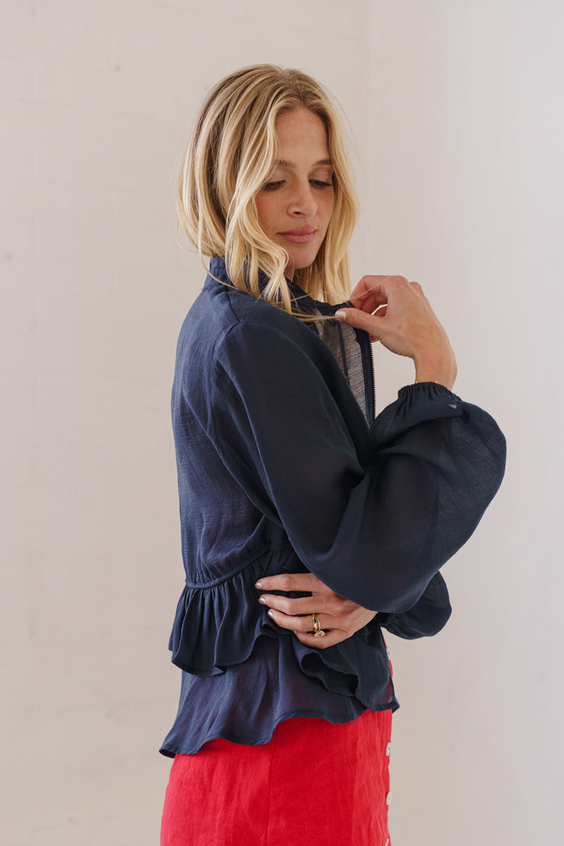 Long Sleeve Ruffle Tiered Jacket Navy