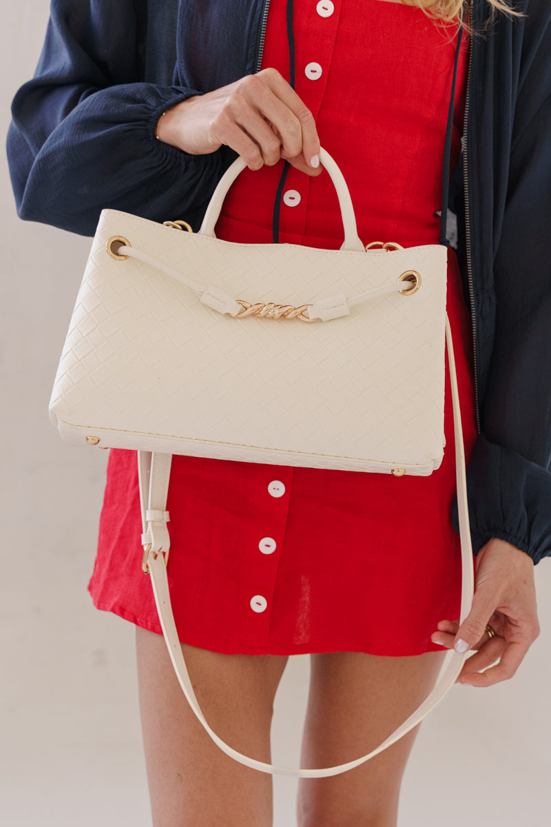 Top Handle Faux Leather Woven Handbag Cream