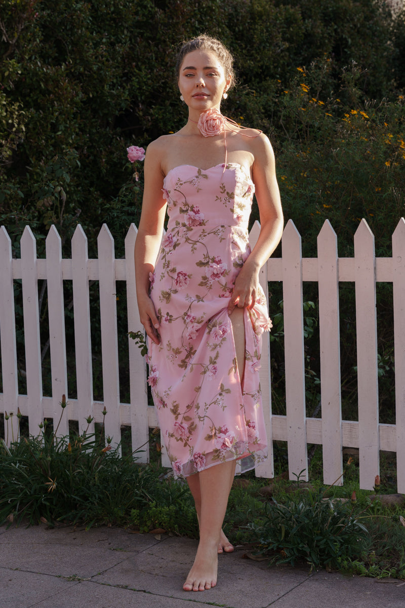 Sleeveless 3d Floral Print Midi Dress Pink