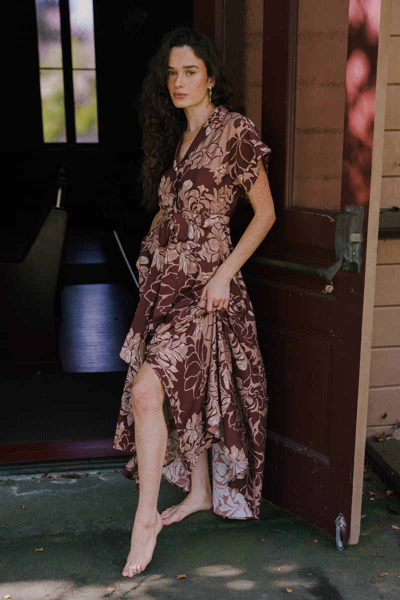 Short Sleeve Waist Tie Floral Print Maxi Dress Burgundy