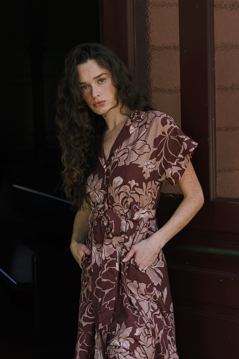 Short Sleeve Waist Tie Floral Print Maxi Dress Burgundy