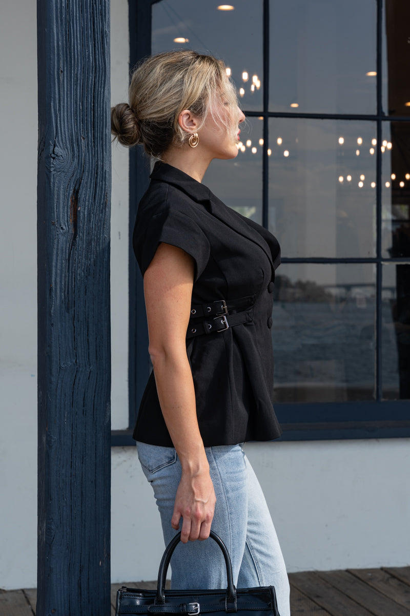 Cap Sleeve Side Buckle Blazer Top Black