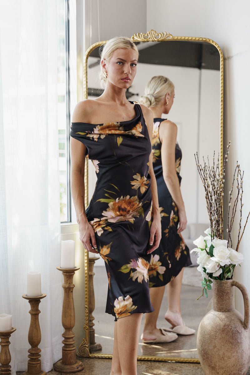 Jovie Sleeveless Floral Print Midi Dress Black