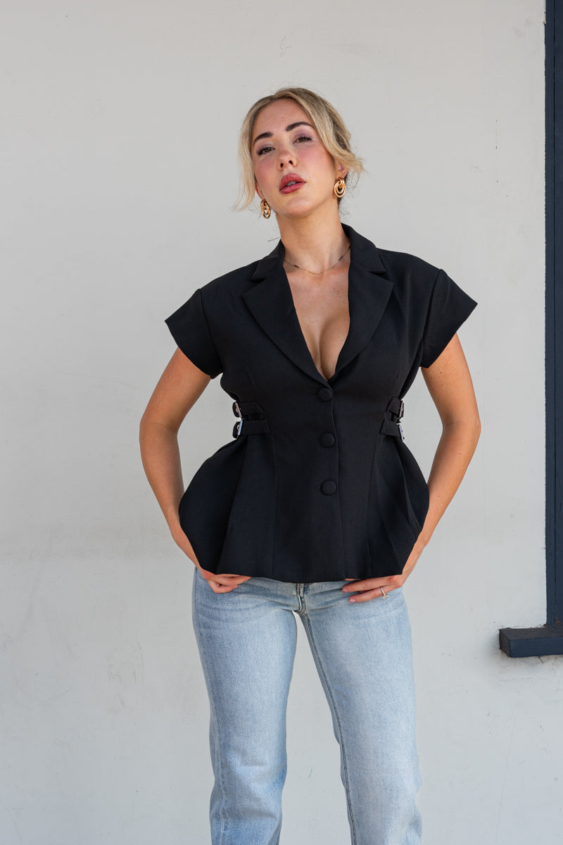 Cap Sleeve Side Buckle Blazer Top Black