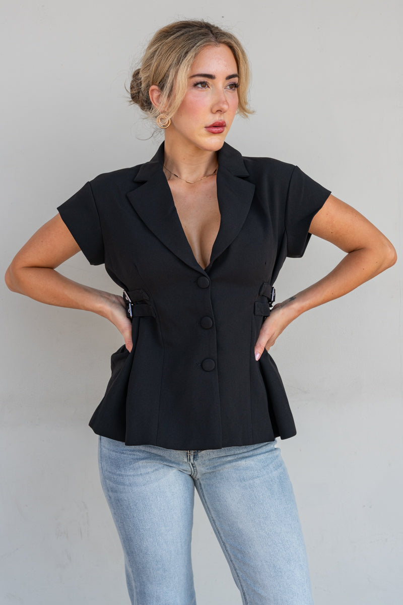 Cap Sleeve Side Buckle Blazer Top Black