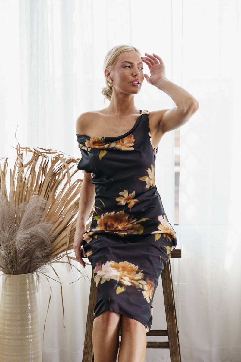 Jovie Sleeveless Floral Print Midi Dress Black