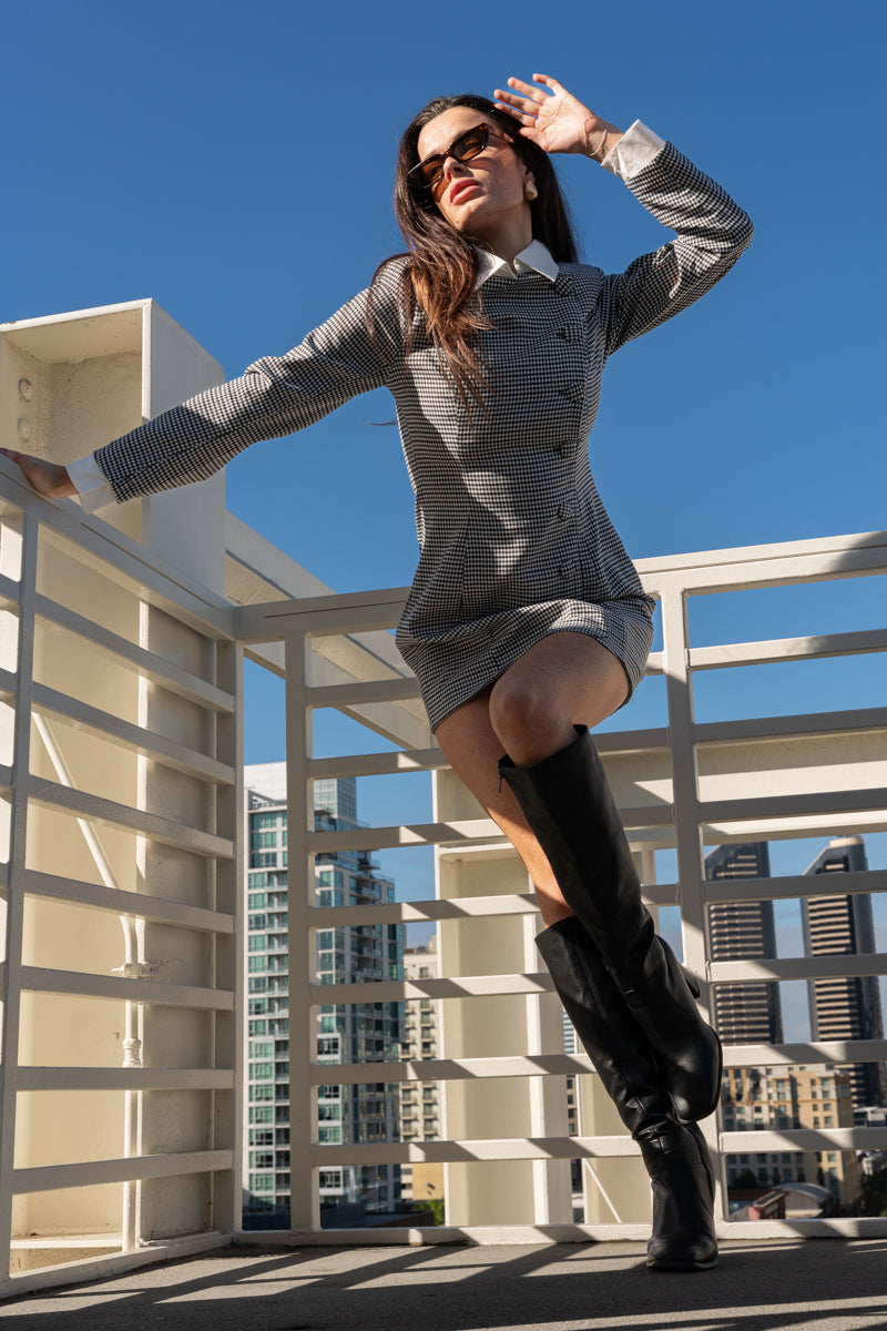 Long Sleeve Contrast Gingham Print Mini Dress Black