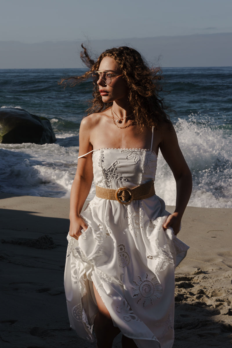 Gold Circular Buckle Straw Waist Belt Taupe