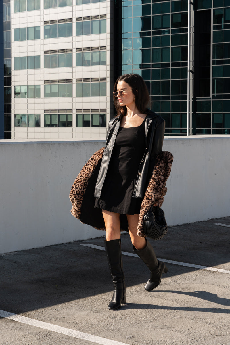 Top Handle Faux Leather Woven Handbag Black