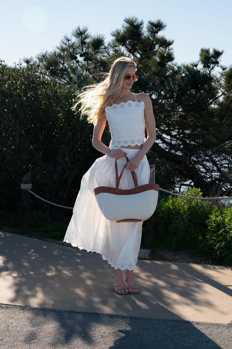 Faux Leather Trim Canvas Tote Bag Brown