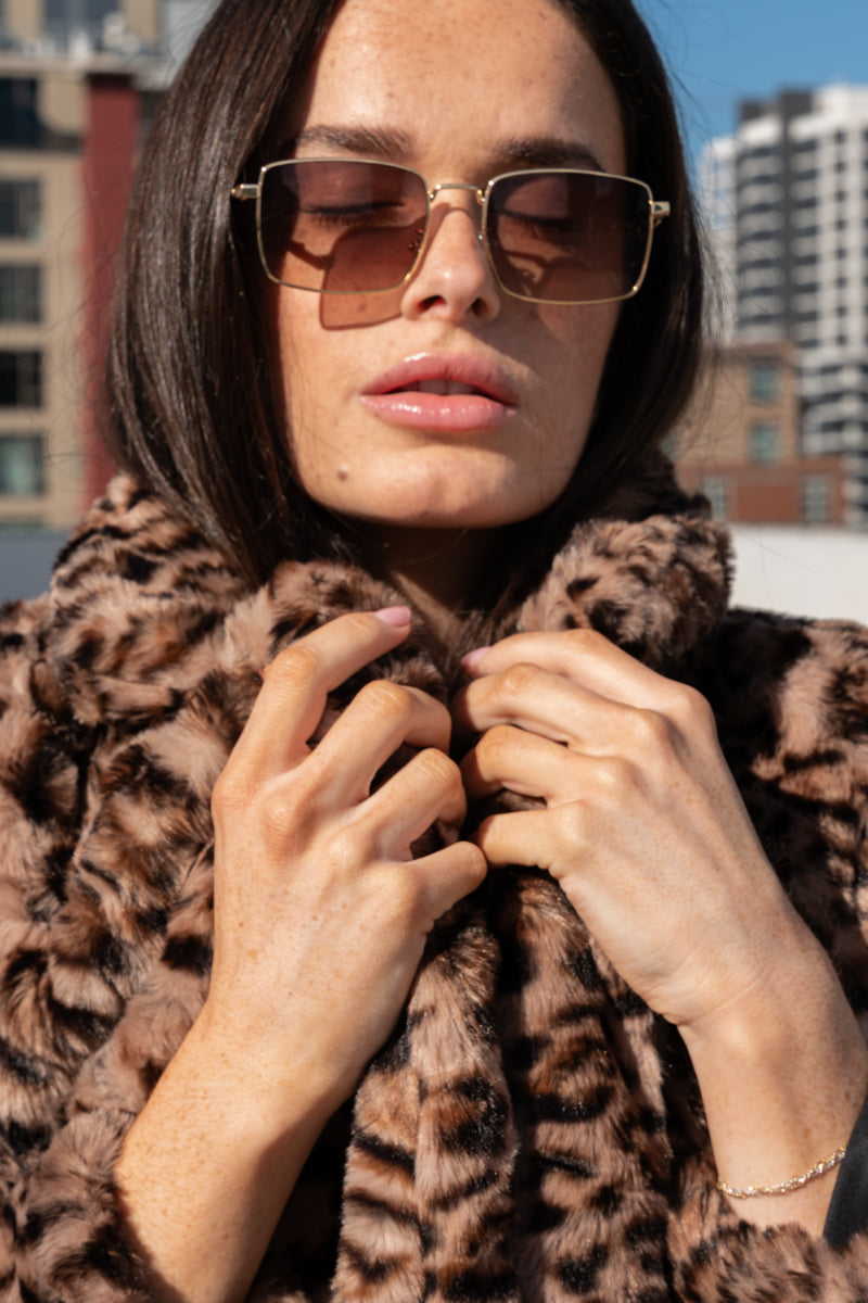 Long Sleeve Faux Fur Leopard Print Jacket Camel