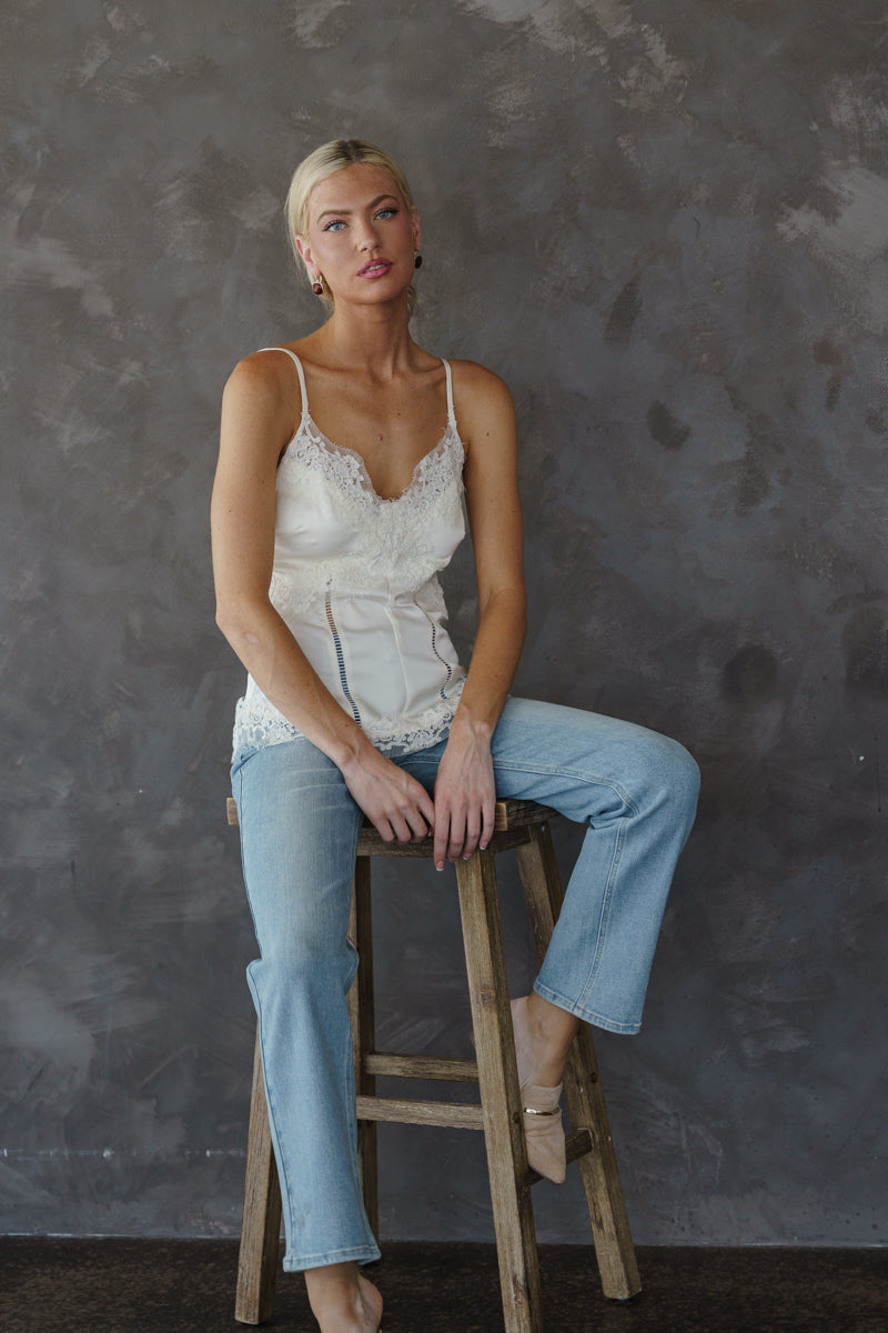 Rosemary Sleeveless Dreamy Lace Trim Satin Cami Top Cream