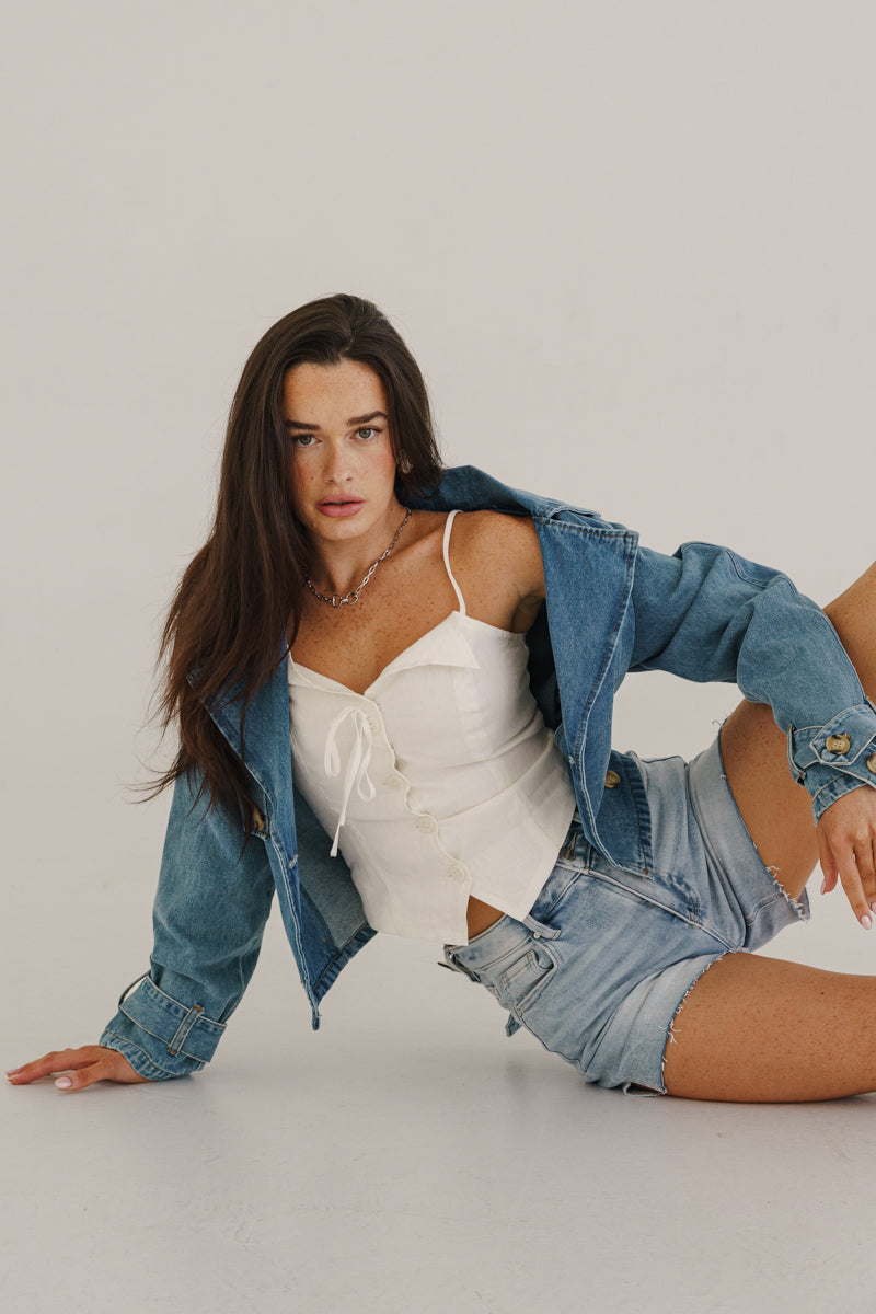 Sleeveless Button Front Linen Cami Top White