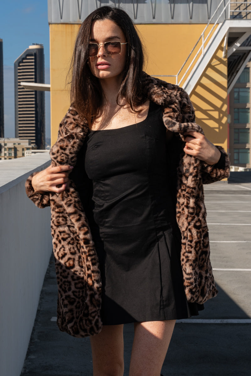 Long Sleeve Faux Fur Leopard Print Jacket Camel