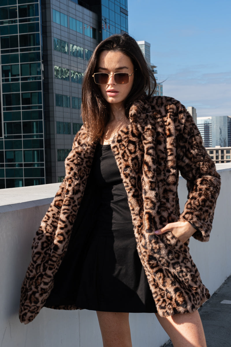 Long Sleeve Faux Fur Leopard Print Jacket Camel