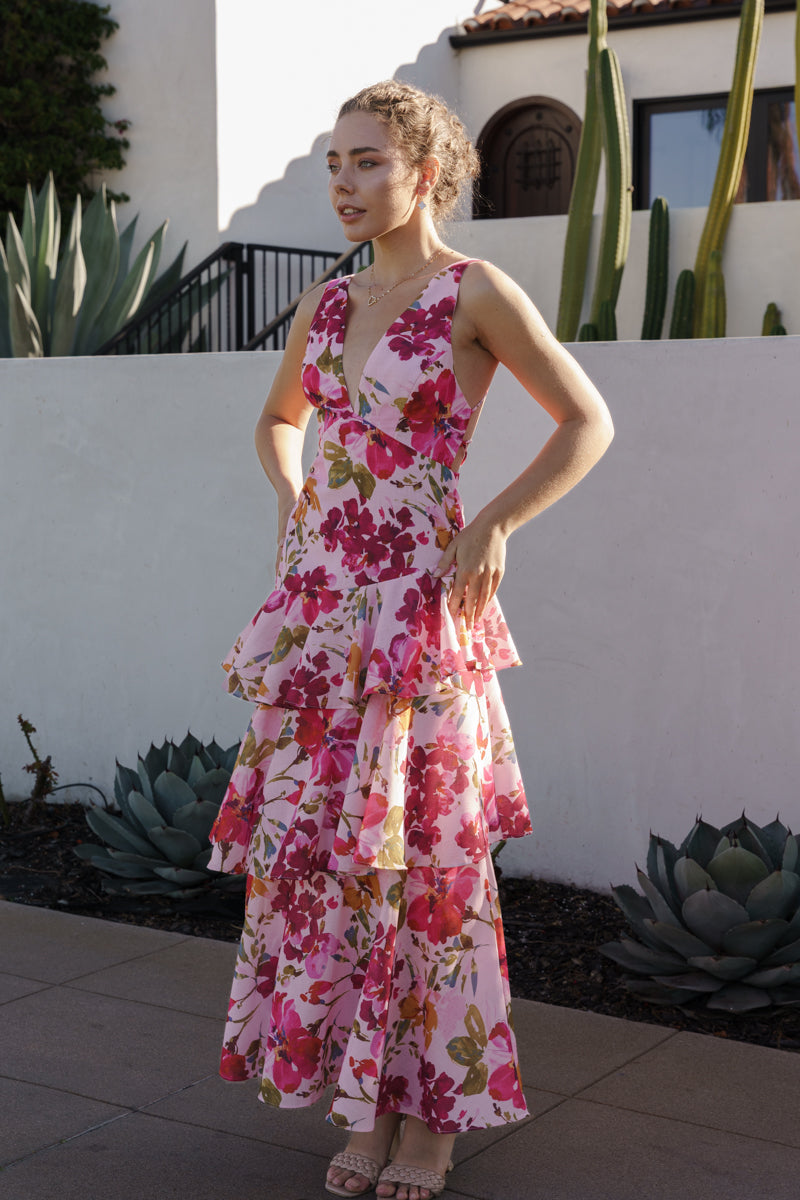 Sleeveless Open Back Tie Floral Print Maxi Dress Pink