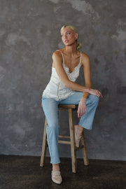 Rosemary Sleeveless Dreamy Lace Trim Satin Cami Top Cream