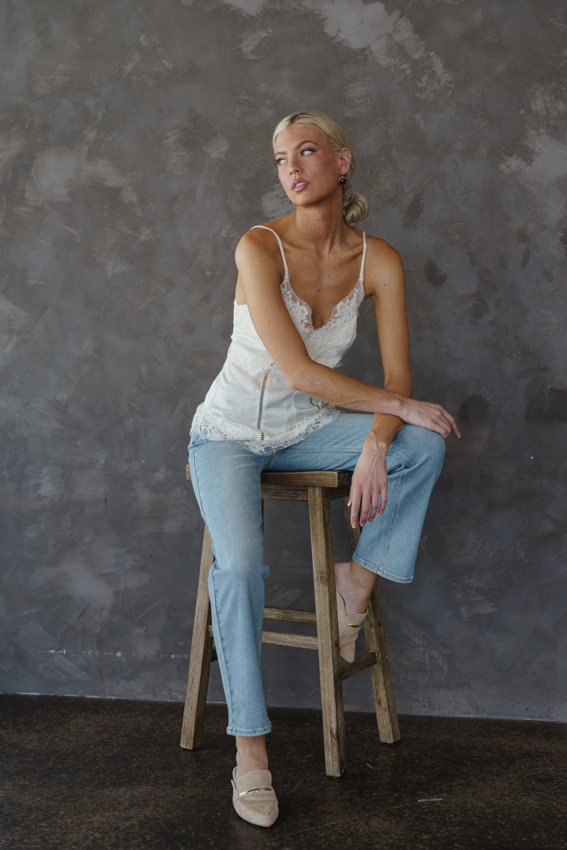 Rosemary Sleeveless Dreamy Lace Trim Satin Cami Top Cream