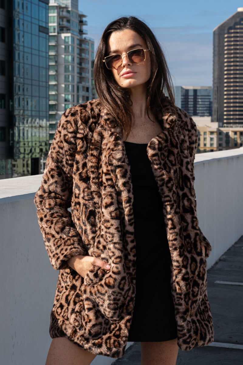 Long Sleeve Faux Fur Leopard Print Jacket Camel