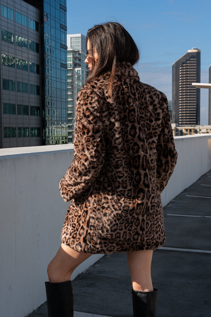 Long Sleeve Faux Fur Leopard Print Jacket Camel