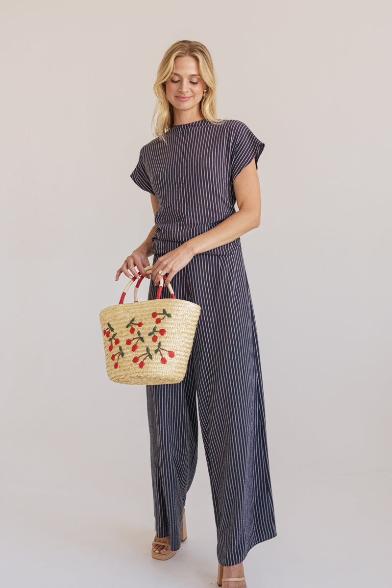 Short Cap Sleeve Open Back Stripe Print Wide Leg Jumpsuit Navy