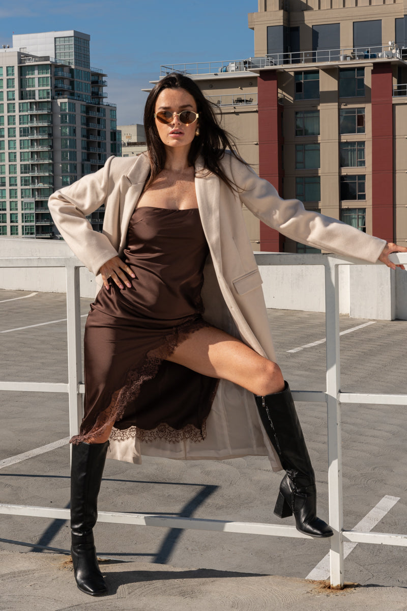 Kiona Long Sleeve Notched Lapel Coat Beige